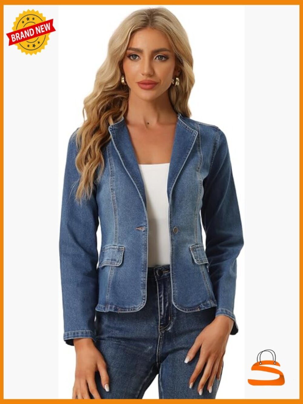 Jean Collarless Long Sleeve One Button Lightweight Denim Blazer Cropped Jacket